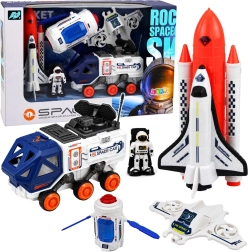 Ruimteset met raket, spaceshuttle, satelliet, drone, astronaut en voertuig
