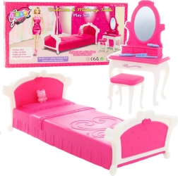 Slaapkamer set voor poppen – kaptafel, krukje en bed, roze (voor poppen van 29 cm)