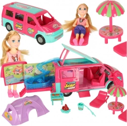 Kampeer-caravan voor poppen met accessoires en zwembad