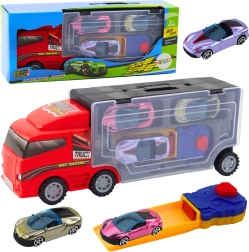 Rode vrachtwagen met mobiele garage en lanceerinrichting + 3 autootjes