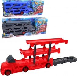 Rode vrachtwagen met transporter en racebaan