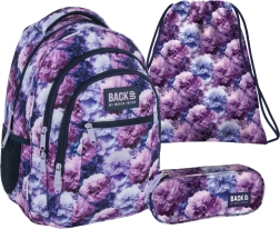 Schoolset BackUP Violet Flowers 3-in-1 – rugzak, etui en gymtas