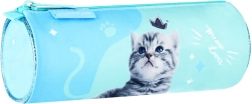 Blauwe cilindervormige etui met kitten