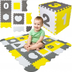Humbi grote educatieve foam speelmat 3-in-1 met box XXL, puzzel 30 × 30 cm – cijfers en vormen, grijs/wit/geel