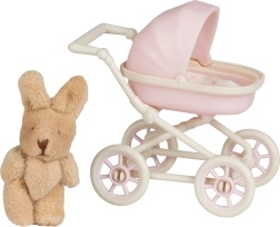 Lundby kinderwagen met pluchen konijntje voor het poppenhuis