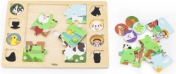 Houten puzzel op een ondergrond Viga – schaduwen koppelen, boerderij