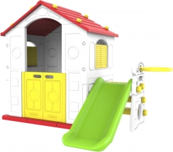 Kinder tuinhuisje met rood dak, glijbaan en basketbal