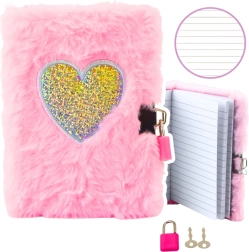 Pluchen dagboek met slot, roze hart A6, 80 bladen