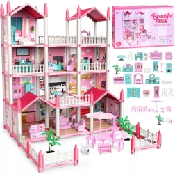 Roze villa – poppenhuis met meubels, 222 onderdelen