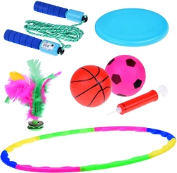 Sportset 5-in-1 voor kinderen – hoelahoep, frisbee, springtouw, ballen en veren-shuttle