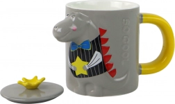 Keramische mok met deksel dinosaurus 400 ml, grijs
