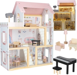 Houten poppenhuis met meubels en LED-verlichting 78 cm roze