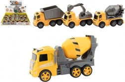 Kunststof bouwvoertuigje met vliegwiel 10 cm – 3 soorten, doos 12 stuks