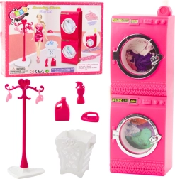 Roze wasruimte voor poppen – wasmachine, droger, kledingrek en mand