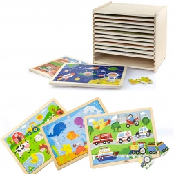 Houten puzzels Viga – set van 12 framepuzzels met 24 stukjes op een standaard