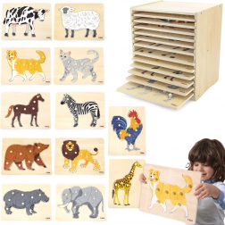 Set houten puzzels 12 dieren Montessori met standaard Viga