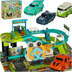 Interactieve racebaan met parkeergarage en stuurwiel