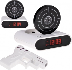 Wekker met schietschijf en pistool, spel en opname van alarm