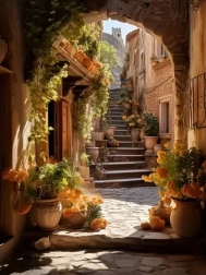 Diamantschilderen steegje versierd met bloemen 30 × 40 cm