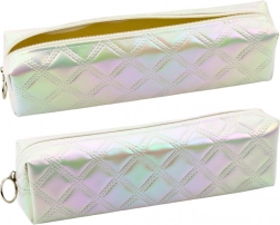 Perzikkleurige schooletui met parelmoerglans en reliëfpatroon