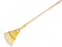 Kinderhark met platte tanden en houten steel 80 cm – geel