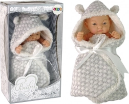 pop schattige baby in grijze omslagdoek met strik