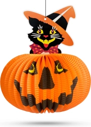 Halloween papieren lampion in de vorm van een pompoen met kattenmotief – 1 stuk