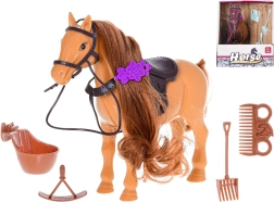 Kunststof paard 17 cm met accessoires voor verzorging en rijden