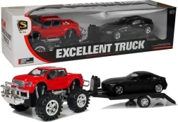 Voertuigenset rode monstertruck met aanhanger en zwarte BMW 58 cm