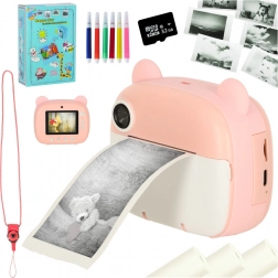 Kinder instantcamera met thermische printer – roze teddybeer, 32 GB kaart