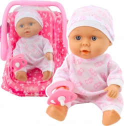 Poppenbaby met draagmand, pyjama, muts en fopspeen – roze