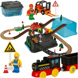 Houten bouw-treinbaan 55 delen met locomotief en accessoires