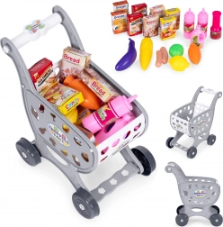 Grijze kinderwinkelwagen voor spelen in de supermarkt of keuken + 18 accessoires