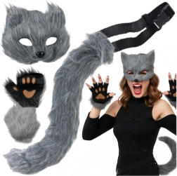 Set kat / vos / wolf RUHHY 4-in-1 – masker, staart en pootjes, grijs