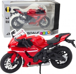 Sportieve metalen motorfiets rood met verlichting en geluidseffecten R1 1:12