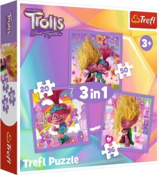 Trefl puzzel Trolls 3-in-1 – Maak kennis met de Trolls (20, 36 en 50 stukjes)