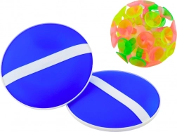 Behendigheidsspel met ronde blauwe rackets en zuignap bal