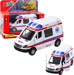 Metalen ambulance 1:32 met pull-back aandrijving, licht en geluid – wit