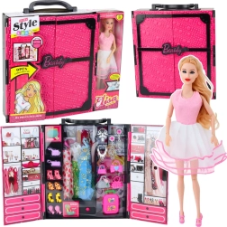 Roze kledingkast voor poppen met grote pop en accessoires