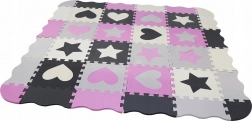 Schuimpuzzelmat grijs‑roze met harten- en sterrenmotief 28 × 28 cm