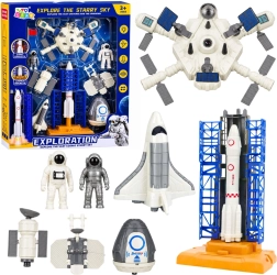 Kosmische set Exploration – raket, spaceshuttle, station, satellieten en astronauten met licht