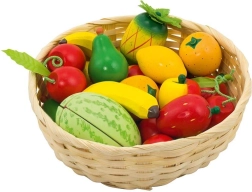 Houten fruit in mandje – set van 23 stuks