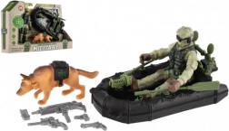 Militaire actieset met opblaasbare boot, soldaat en hond