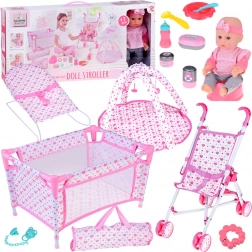 Deluxe set voor babypop – wandelwagen, reisbedje en speelkleed met accessoires (17 stuks)