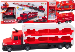 Vrachtwagentransporter 2-in-1 met uitschuifbare racebaan, licht en geluid – rood