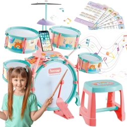 Woopie kinderdrumstel met 5 drums, bekken en krukje met dierenmotief