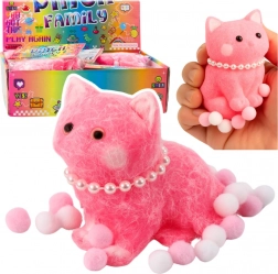 Zachte antistress squishy katje met pareltjes en pompons, roze 8 cm