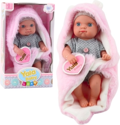 Stoffen babypop in grijze pyjama met roze dekentje met konijnenoorjes 23 cm