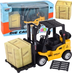Metalen vorkheftruck met pull-back aandrijving, pallet en kist – geel