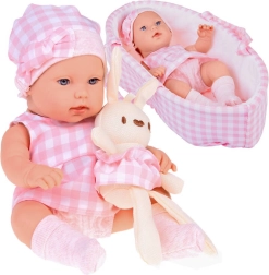 Realistische pasgeboren babypop met mandje en pluche konijntje, roze